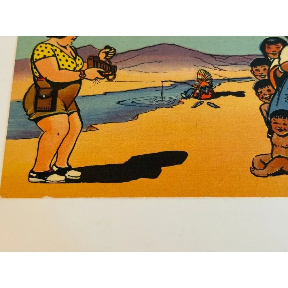 Vintage And what Does the Chief do when He's not Fishing Indian Postcard Humor